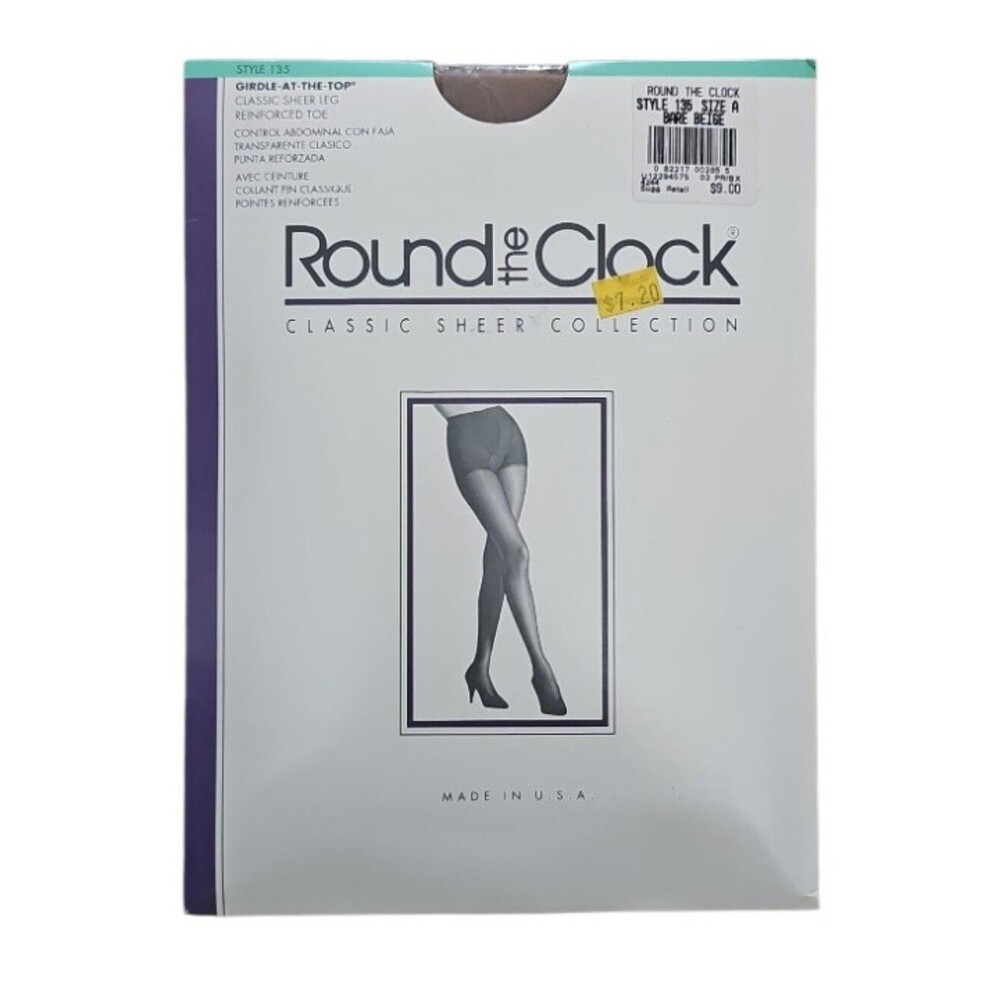 Vintage Round the Clock Pantyhose A Bare Beige Girdle Top Sheer NOS 90s